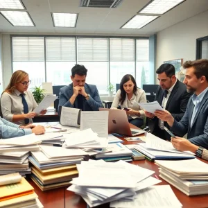 Employees discussing budget concerns in an office environment