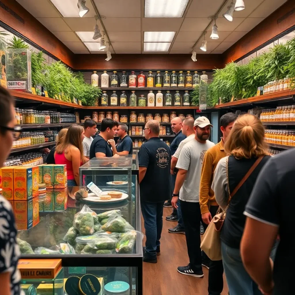 California cannabis dispensary interior with customers and products