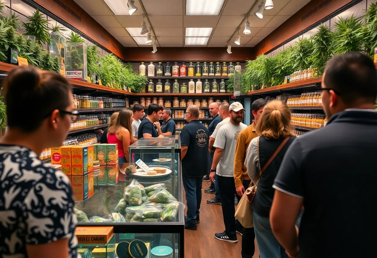 California cannabis dispensary interior with customers and products