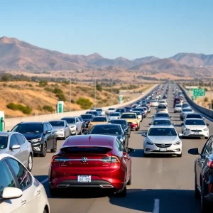 Highway depicting electric and gas-powered vehicles in California