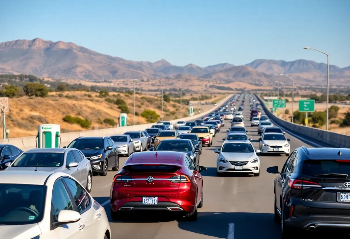 Highway depicting electric and gas-powered vehicles in California