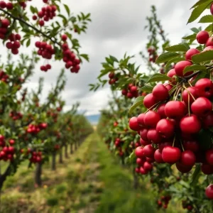 Cherry trees with ripe fruits in a California orchard