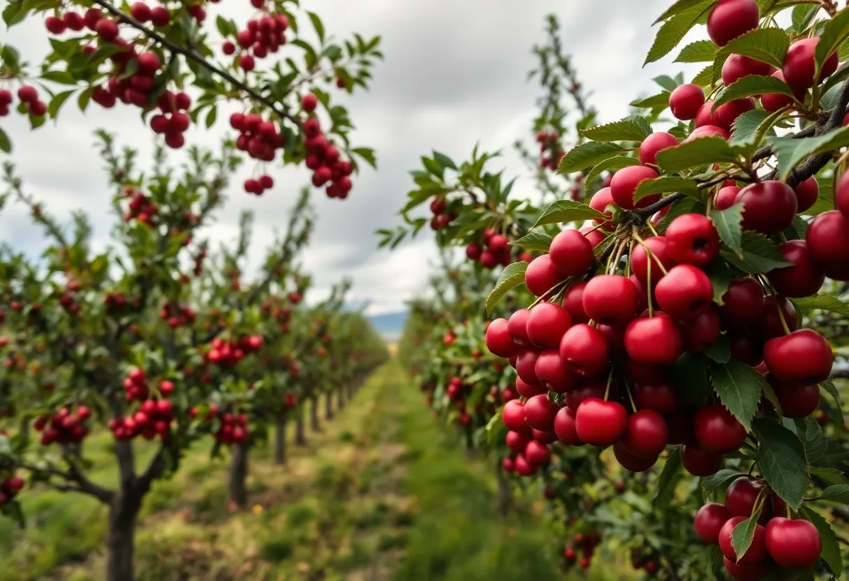 Cherry trees with ripe fruits in a California orchard