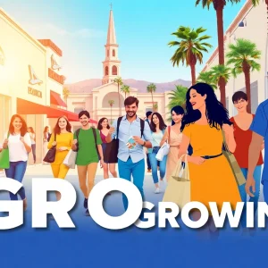 A diverse group of people engaging in shopping and leisure activities in California, reflecting increased consumer confidence.
