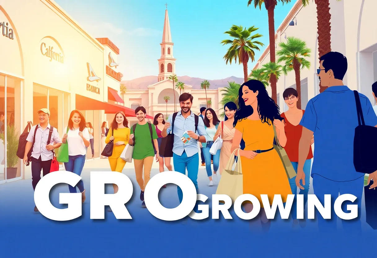 A diverse group of people engaging in shopping and leisure activities in California, reflecting increased consumer confidence.