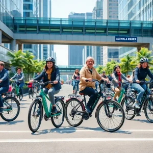 Electric bicycles parked in a vibrant urban setting promoting sustainable transport.