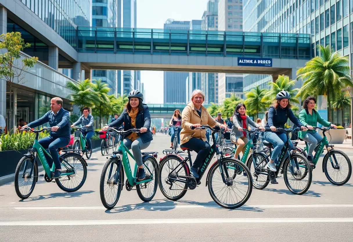 Electric bicycles parked in a vibrant urban setting promoting sustainable transport.