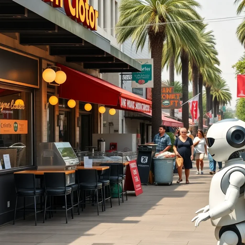 California streets with closed restaurants and food robots