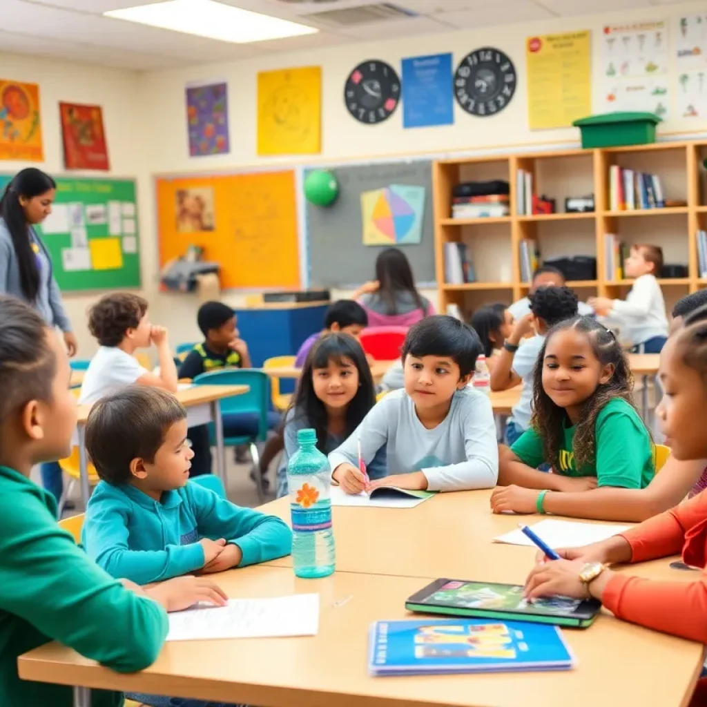 Classroom setting with diverse students and teachers engaging in learning activities