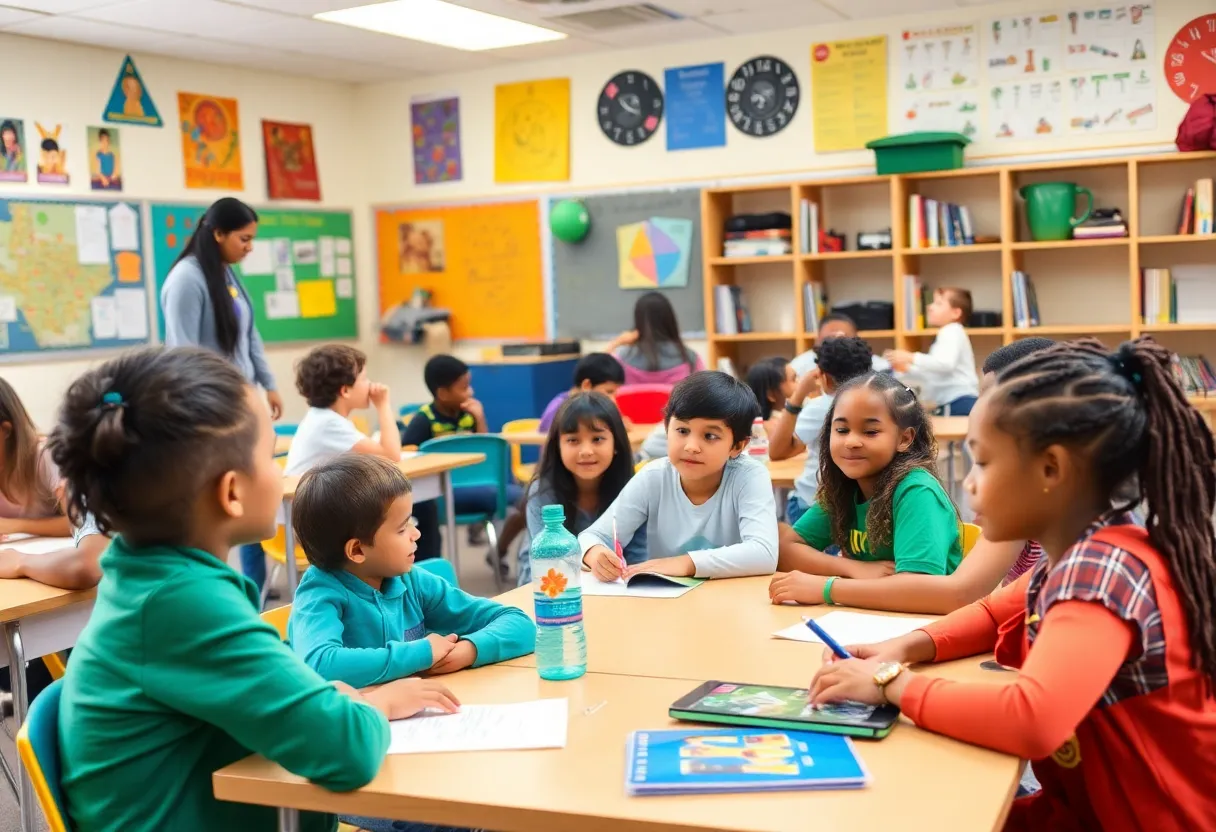 Classroom setting with diverse students and teachers engaging in learning activities