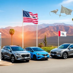 Collage showcasing electric vehicle infrastructure in California, including charging stations and electric cars.