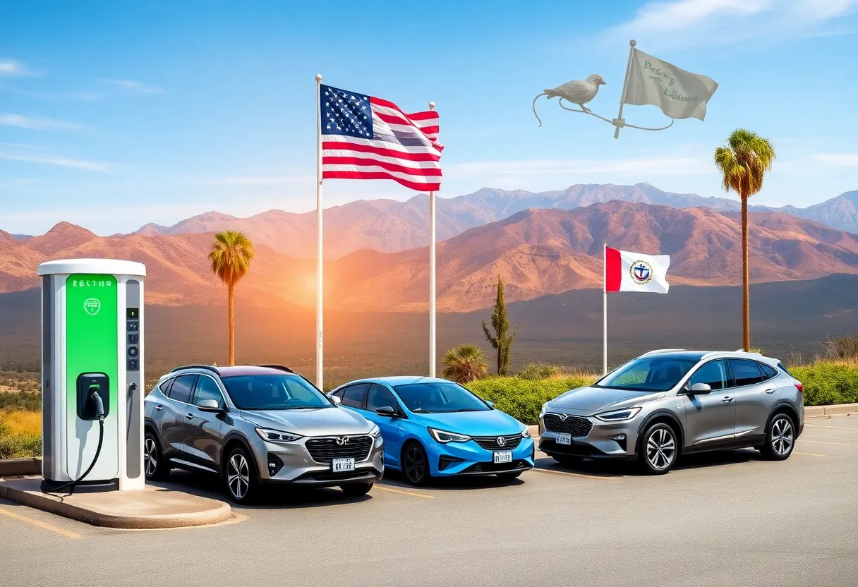 Collage showcasing electric vehicle infrastructure in California, including charging stations and electric cars.