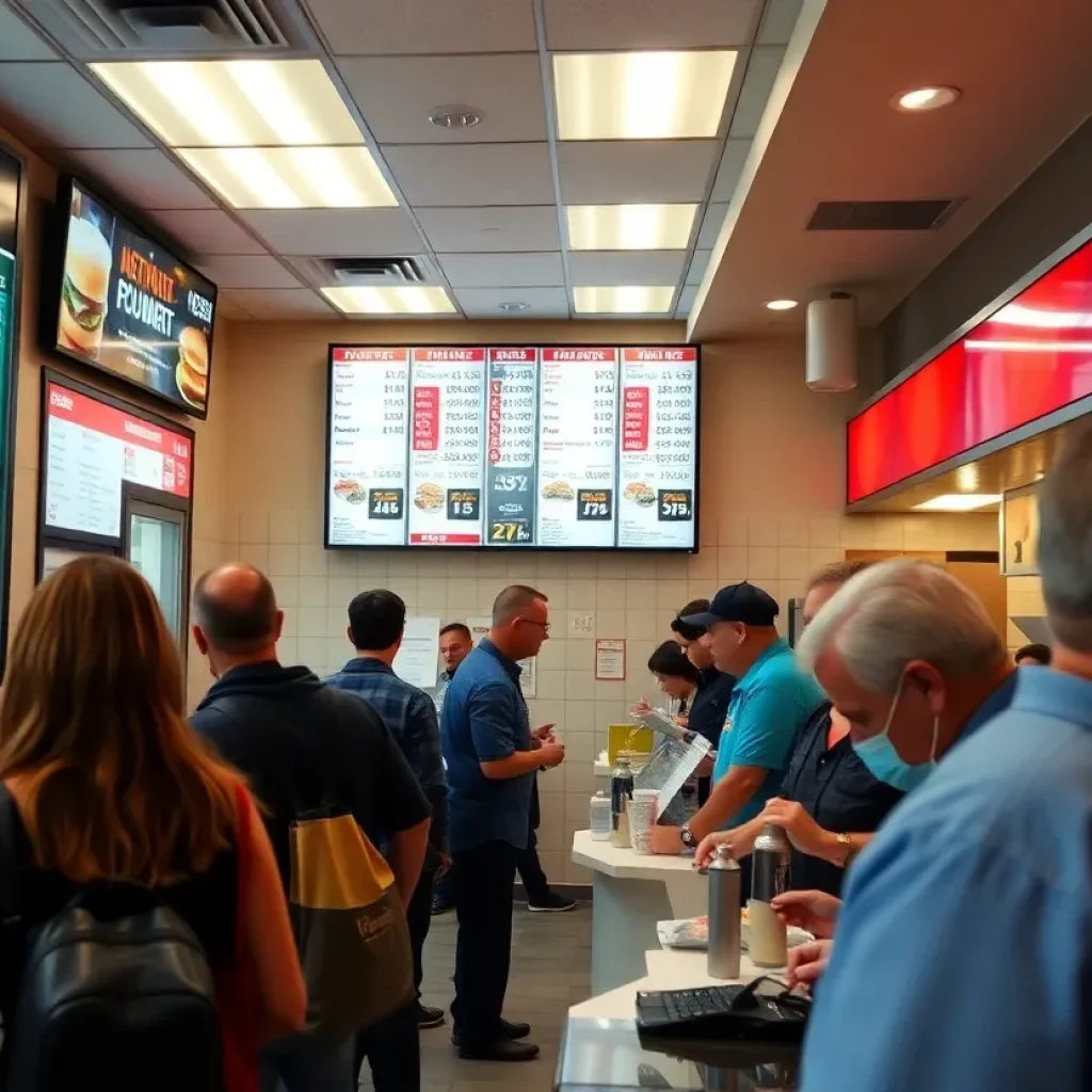Fast-food restaurant in California with a busy atmosphere and updated pricing