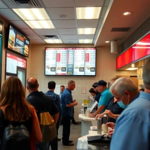 Fast-food restaurant in California with a busy atmosphere and updated pricing