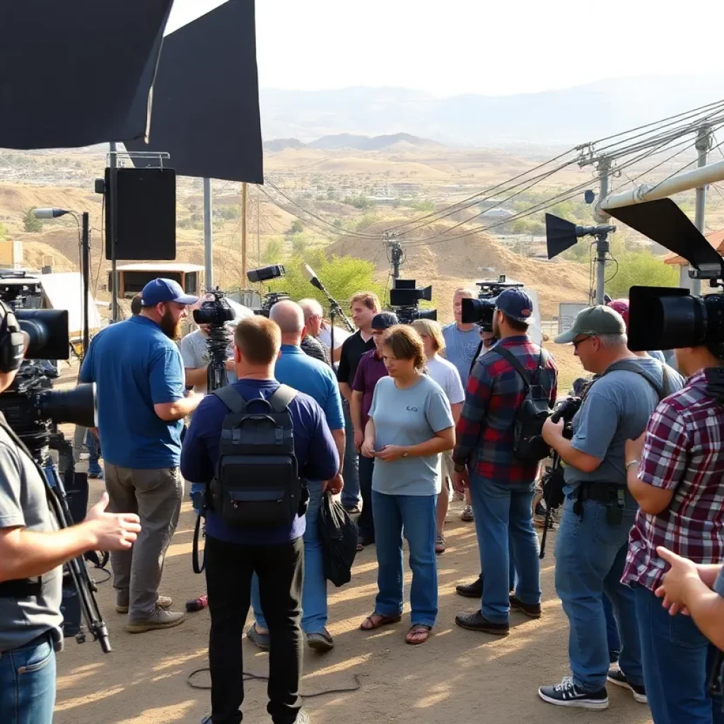Film crew working on a production set in California