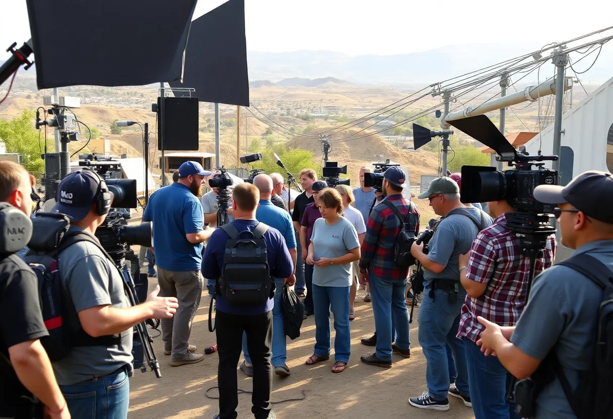 Film crew working on a production set in California