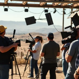 Film crew working on a set in California