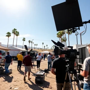 Crew members working on a film set in California