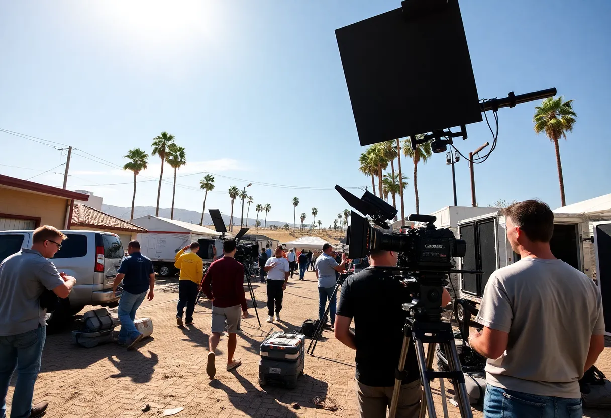 Crew members working on a film set in California