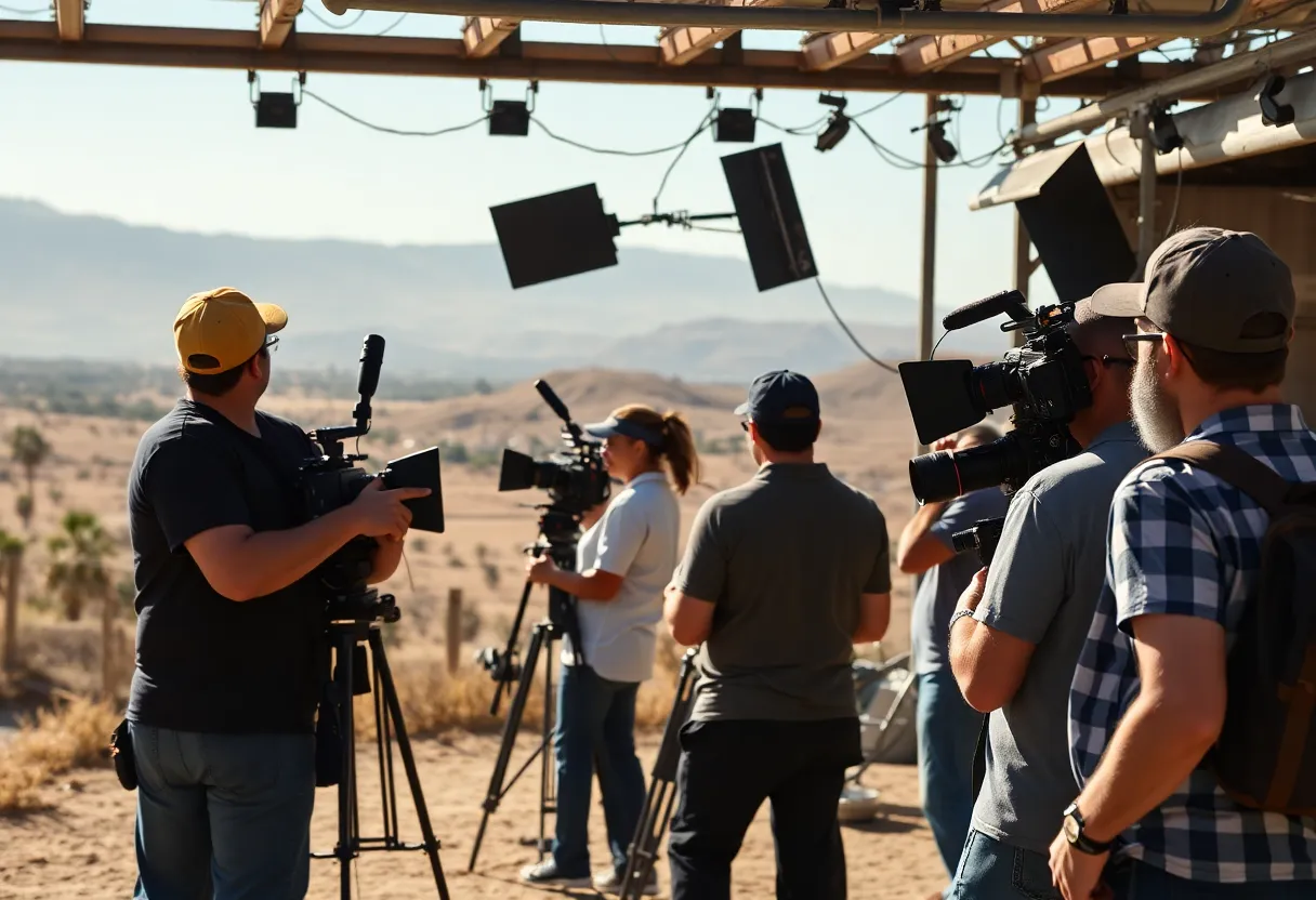Film crew working on a set in California
