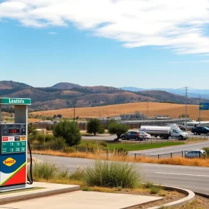 A gas station in California with rising prices displayed