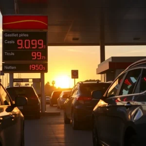 Cars at a gas station in California with digital price signs showing high gas prices