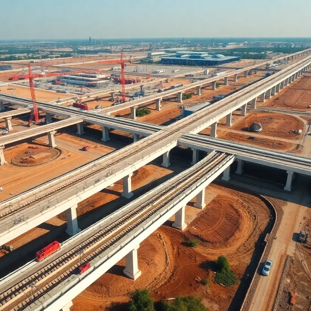 Construction progress of California high-speed rail project showing bridges and equipment.