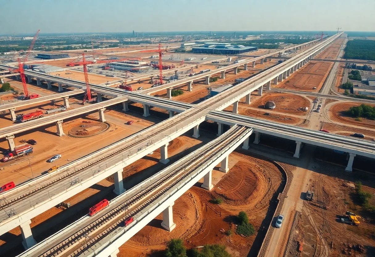 Construction progress of California high-speed rail project showing bridges and equipment.