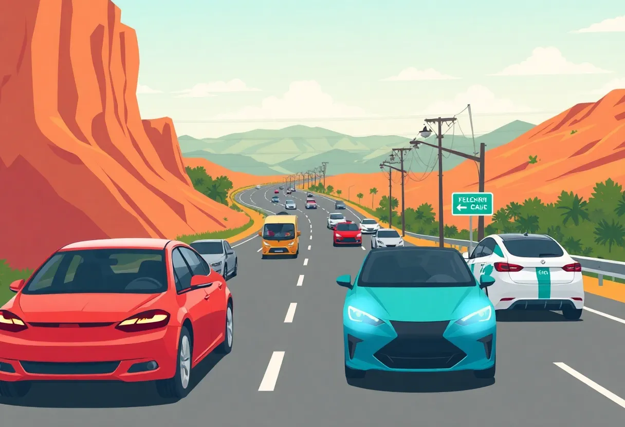 California highway with petrol and electric cars representing emissions standards debate