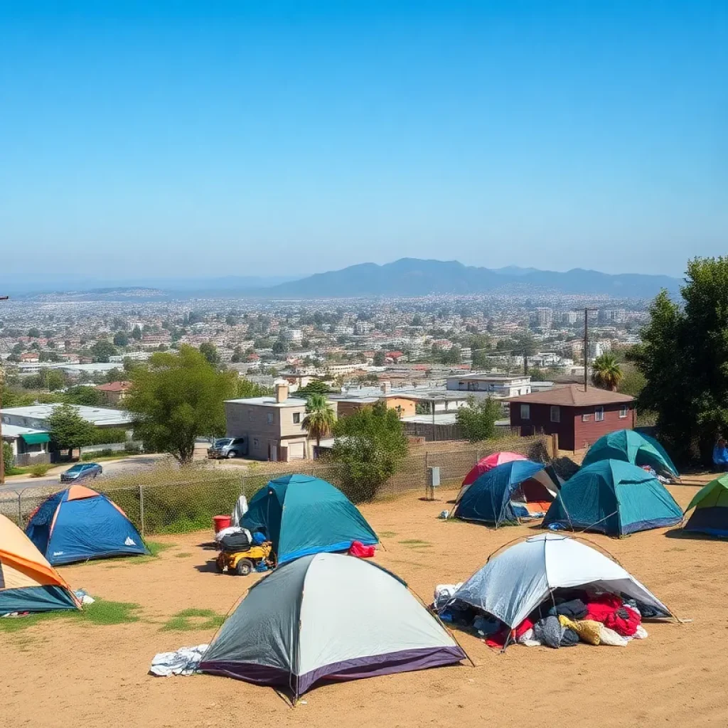 A view of a homeless encampment in California with supportive services around.