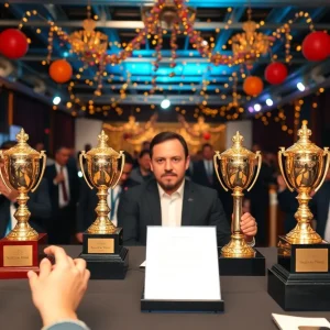 Celebration at the California Journalism Awards with trophies and awards.