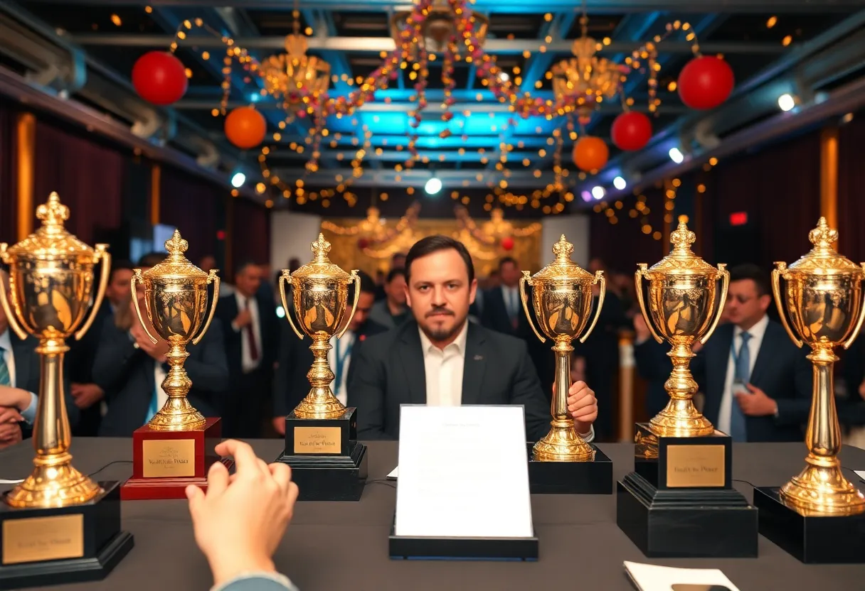 Celebration at the California Journalism Awards with trophies and awards.
