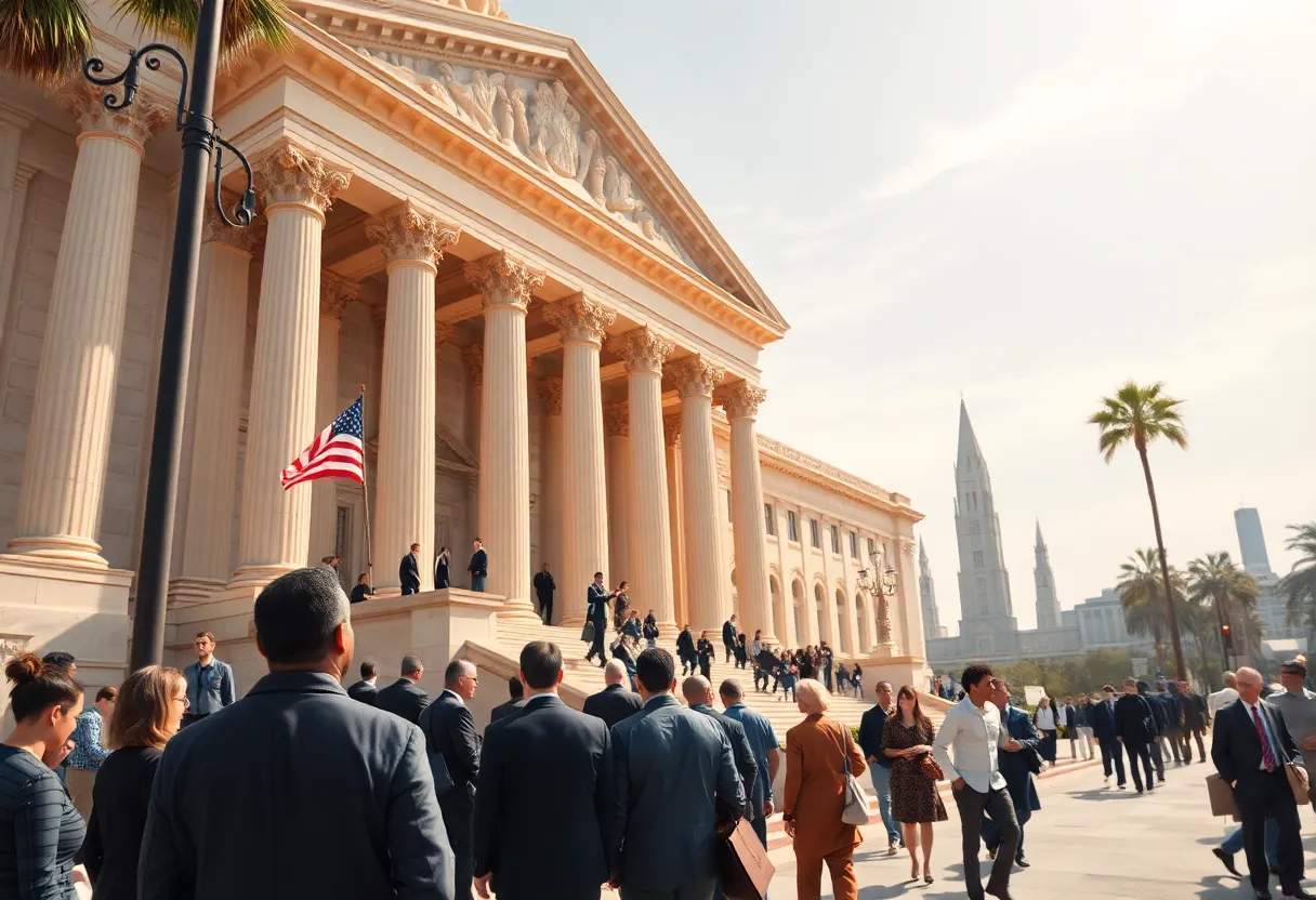 Representation of California's intense lobbying efforts with a government building and lobbyists