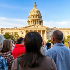 A group discussing health care policy in front of the California state capitol.