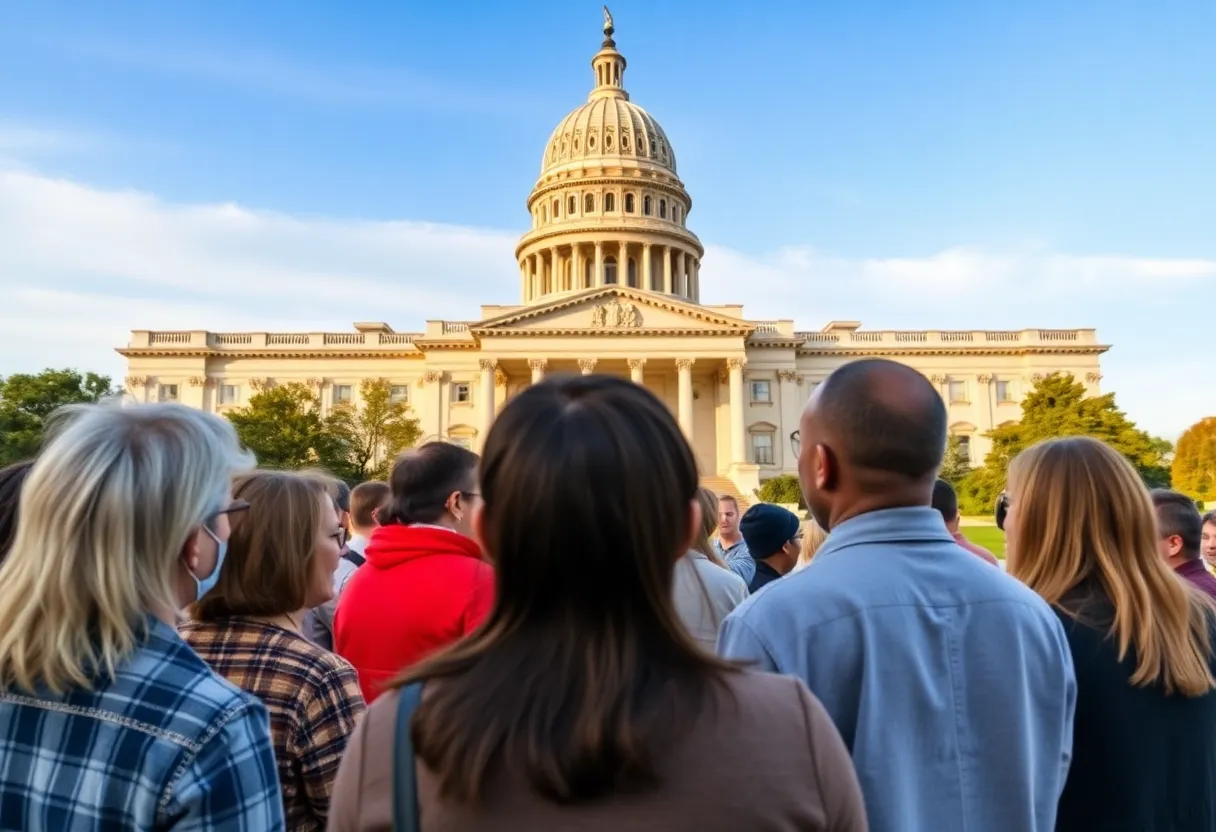 A group discussing health care policy in front of the California state capitol.