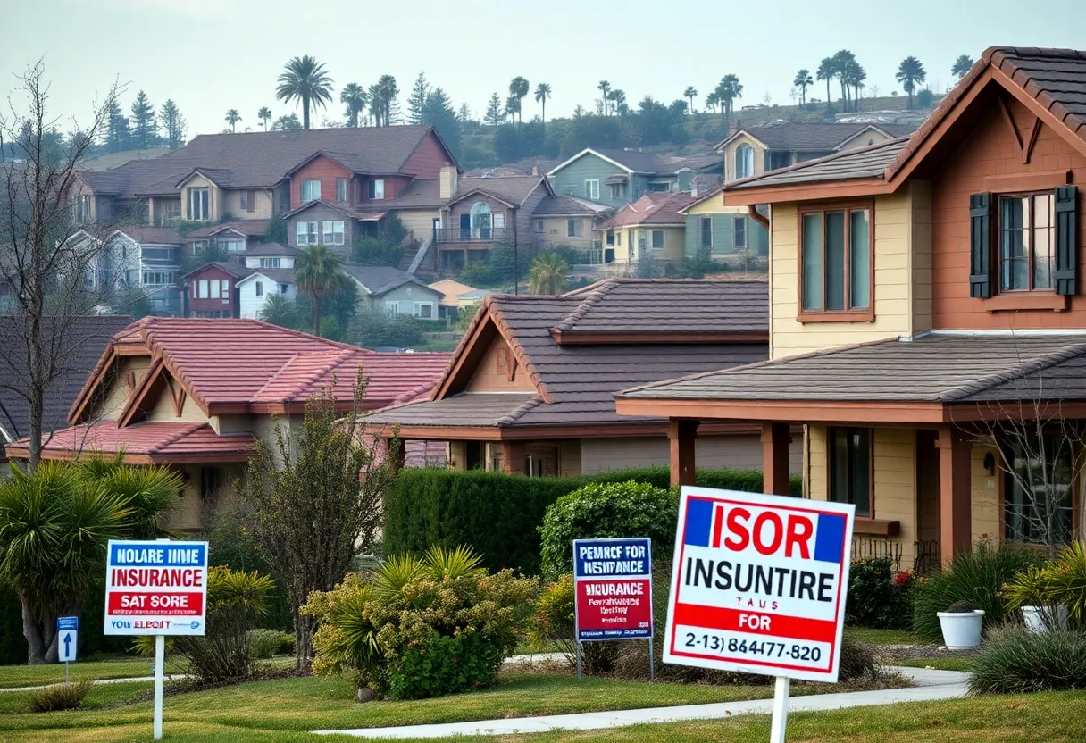 A neighborhood in California showing signs of wildfire damage and insurance signs
