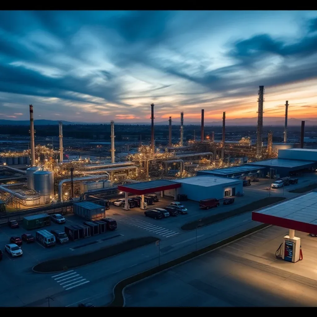 Aerial view of an oil refinery in California during sunset