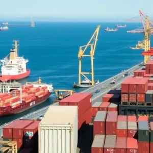 A view of a busy California port with shipping containers, symbolizing trade and economic challenges.