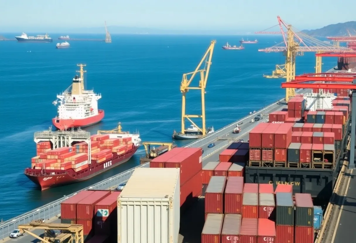 A view of a busy California port with shipping containers, symbolizing trade and economic challenges.