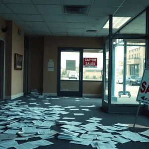 Empty real estate office with caution tape