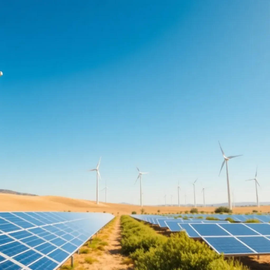 A landscape showcasing solar panels and wind turbines in California.