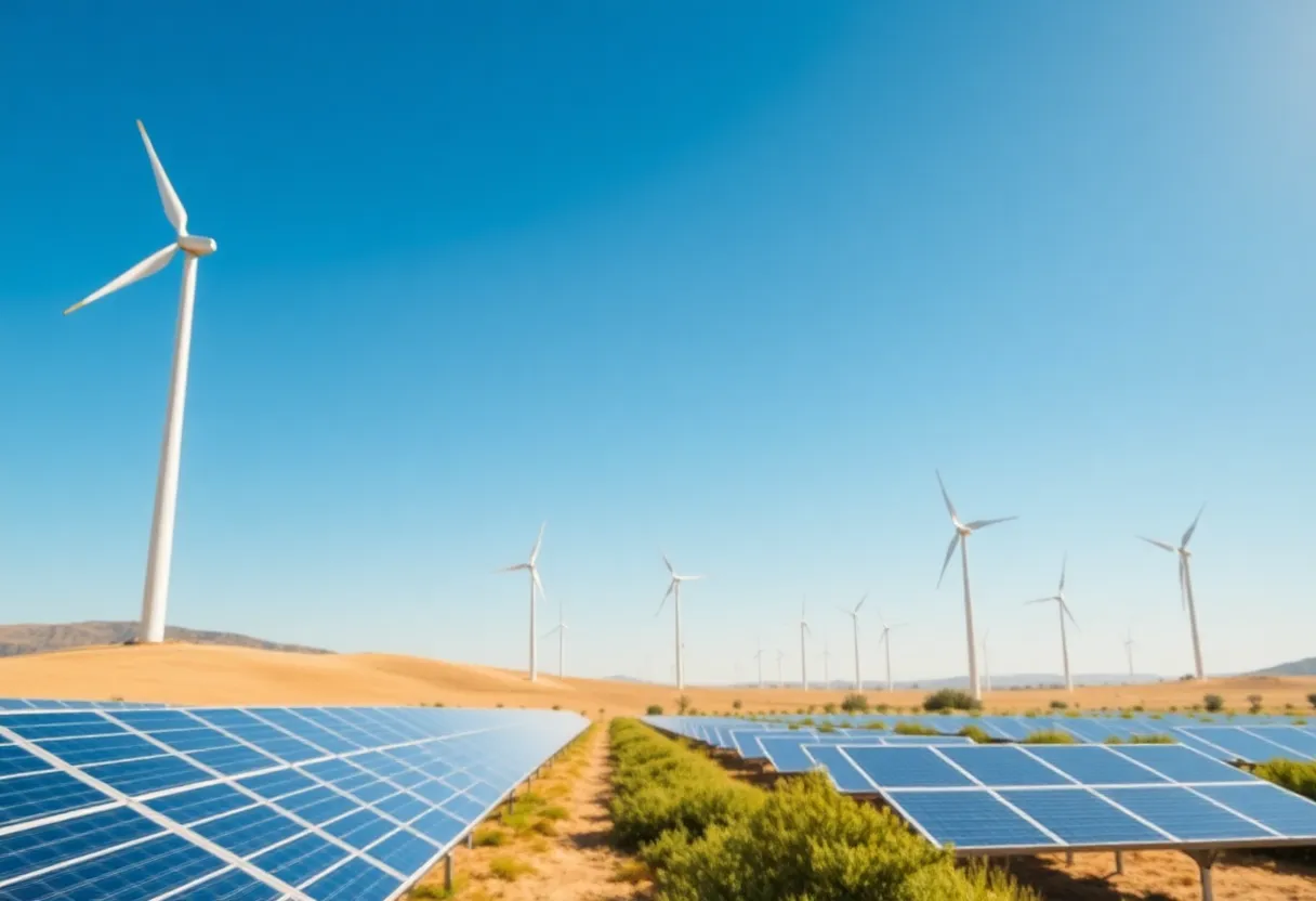 A landscape showcasing solar panels and wind turbines in California.