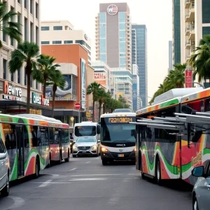 Urban scene in California showcasing diverse transportation and food services.