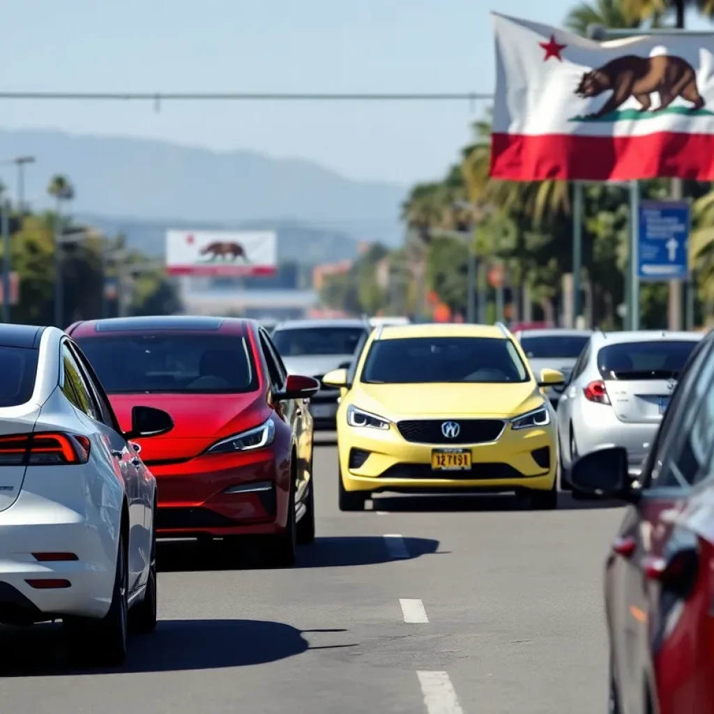A street scene in California featuring electric vehicles and gas-powered cars