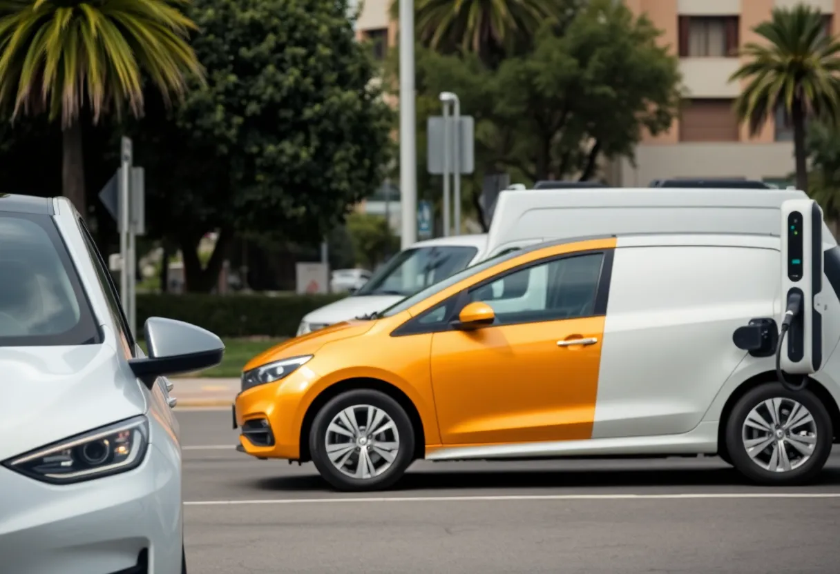 Electric vehicles and gasoline cars parked in a California street.