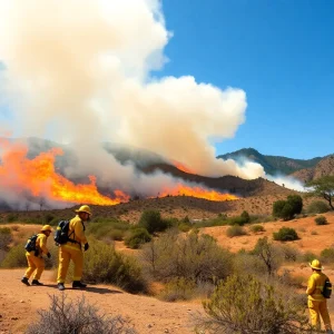 Firefighters battling wildfires in California landscape with smoke in the air