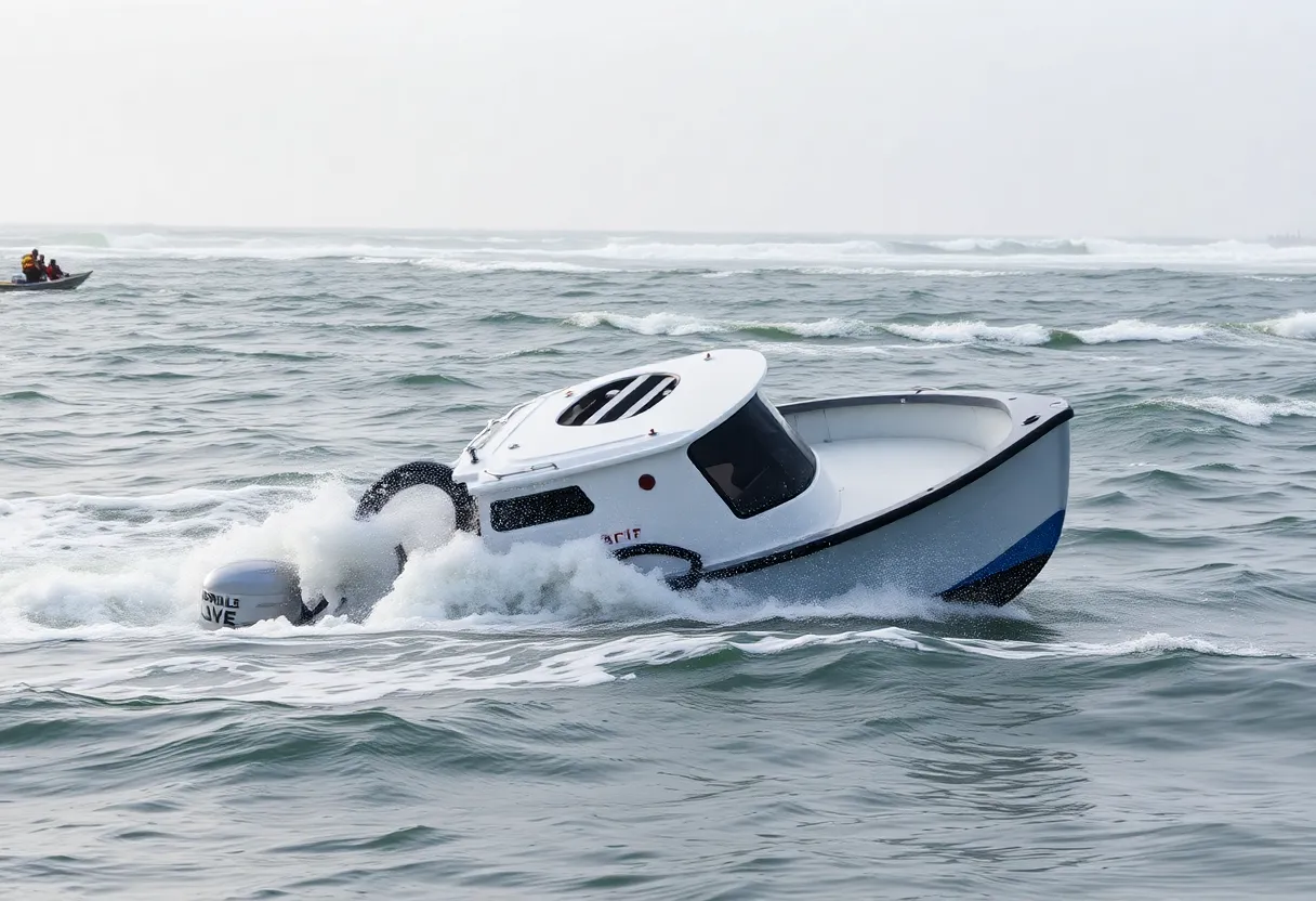 A capsized boat in the ocean near Torrey Pines State Beach.