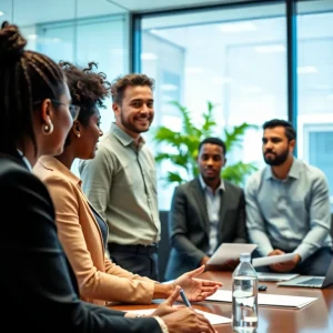 Professionals discussing climate strategies in an office