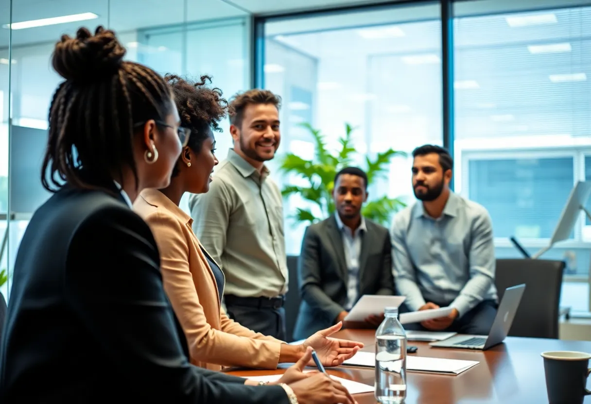 Professionals discussing climate strategies in an office