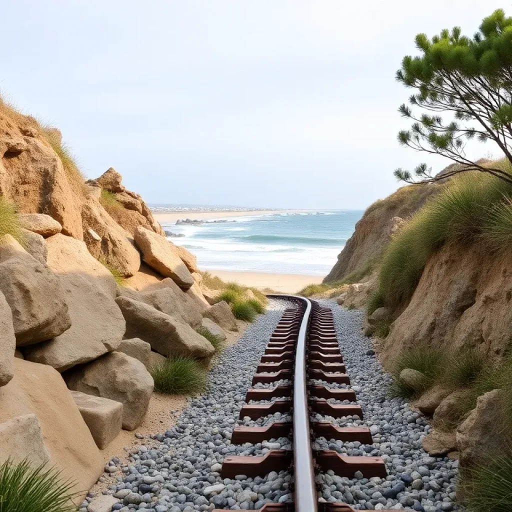 Coastal rail line with stabilization measures in California